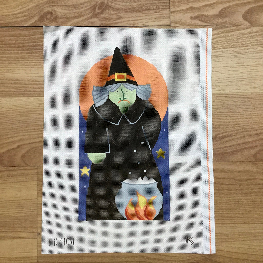 Witch with Jack O Lantern Button Canvas - KC Needlepoint