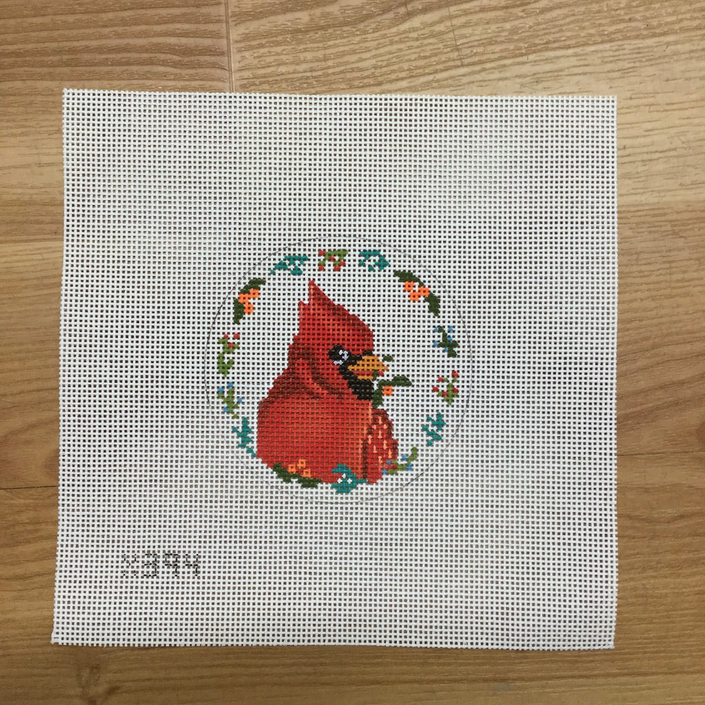 Cardinal with Flowers Round Canvas - KC Needlepoint