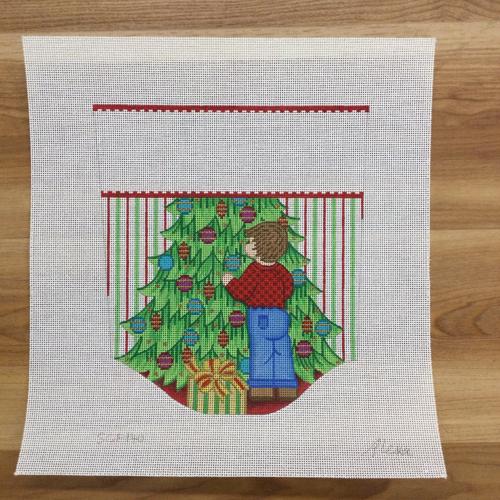 Boy Decorating Christmas Tree Stocking Cuff Canvas - KC Needlepoint