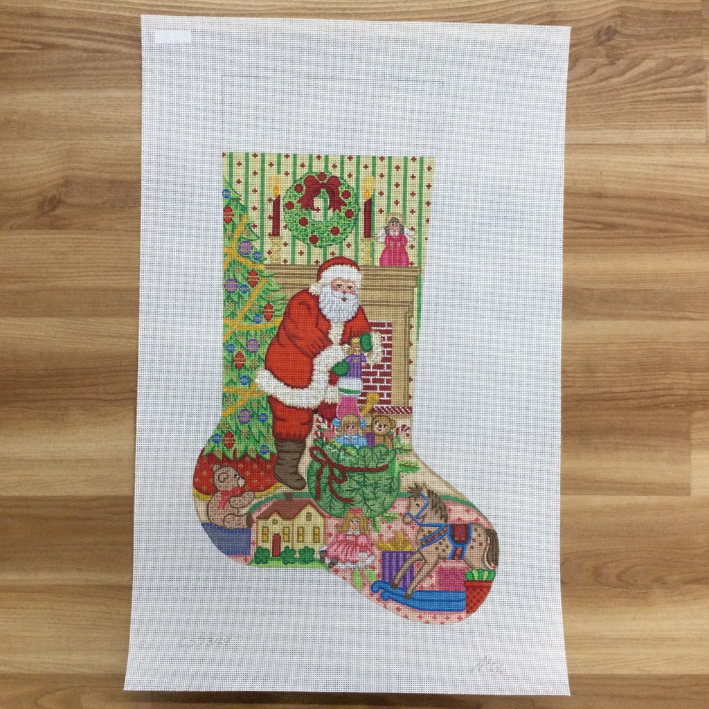 Santa Pulling Toys from Bag Girl Stocking 7349 - KC Needlepoint