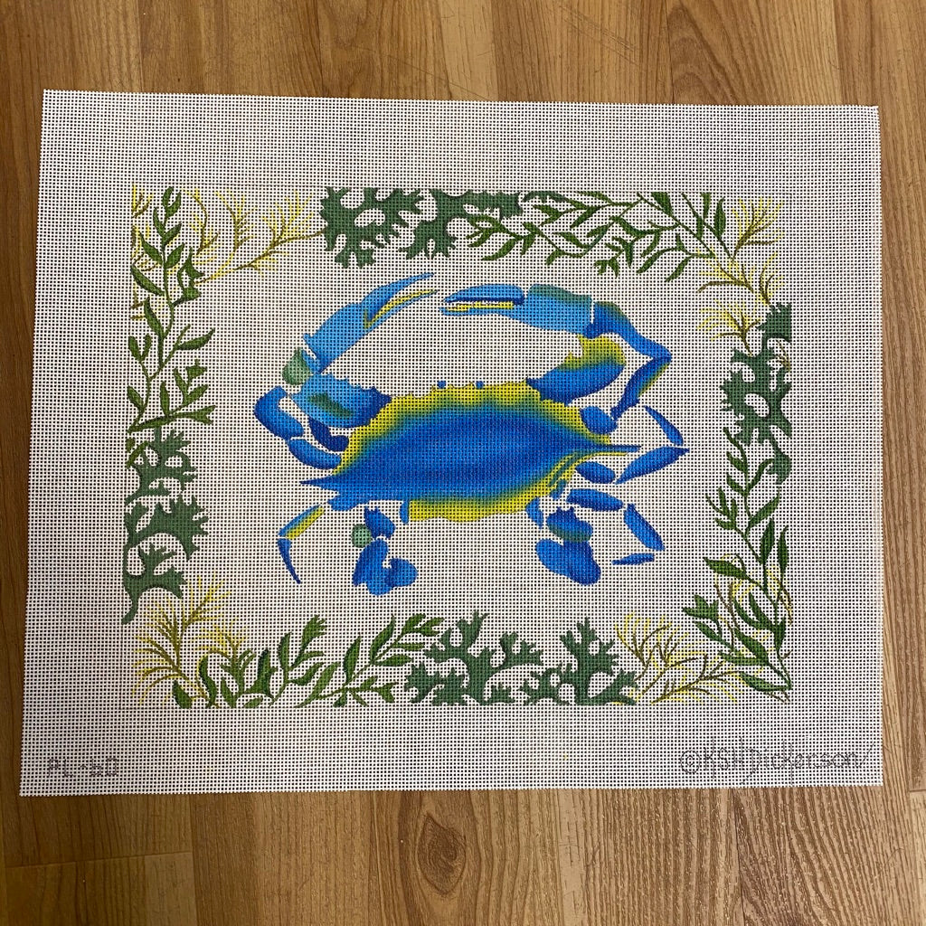 Blue Crab with Seaweed Border Canvas - KC Needlepoint