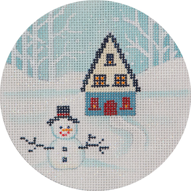 Winter House and Snowman Round Canvas - KC Needlepoint