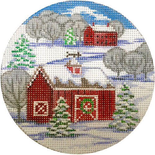 Red Barn Winter Scene Round Canvas - KC Needlepoint