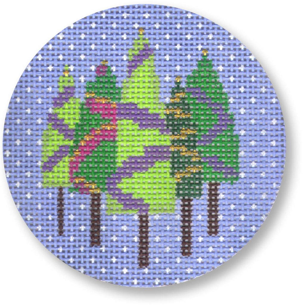 Five Trees on Blue Round Canvas - KC Needlepoint