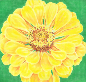 Canary Zinnia on Green Background Canvas - KC Needlepoint