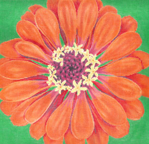 Dark Orange Zinnia on Green Background Canvas - KC Needlepoint