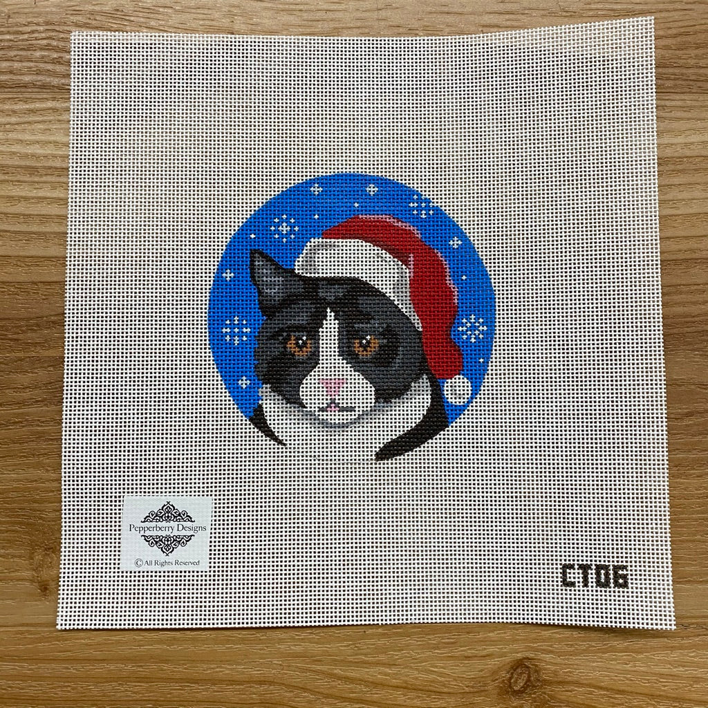 Tuxedo Cat Santa Ornament Canvas - needlepoint