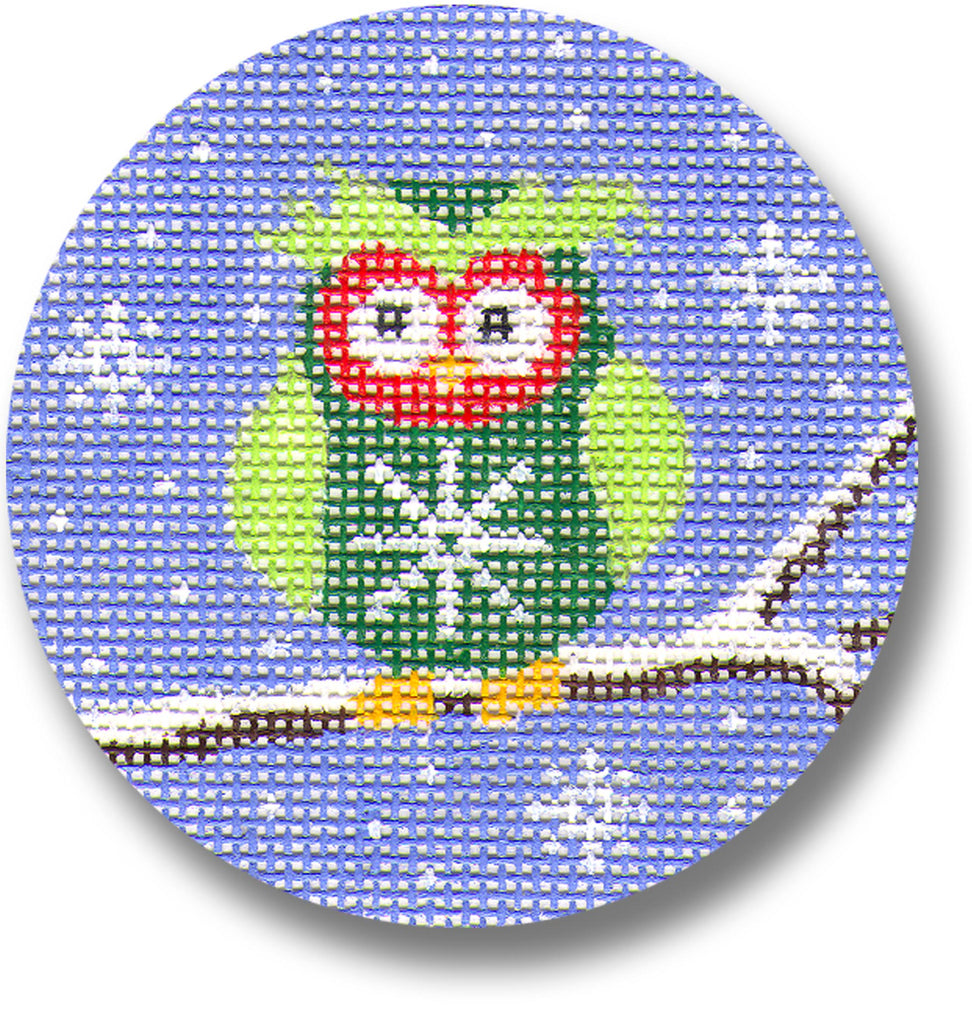 Green Owl on Branch Canvas - KC Needlepoint