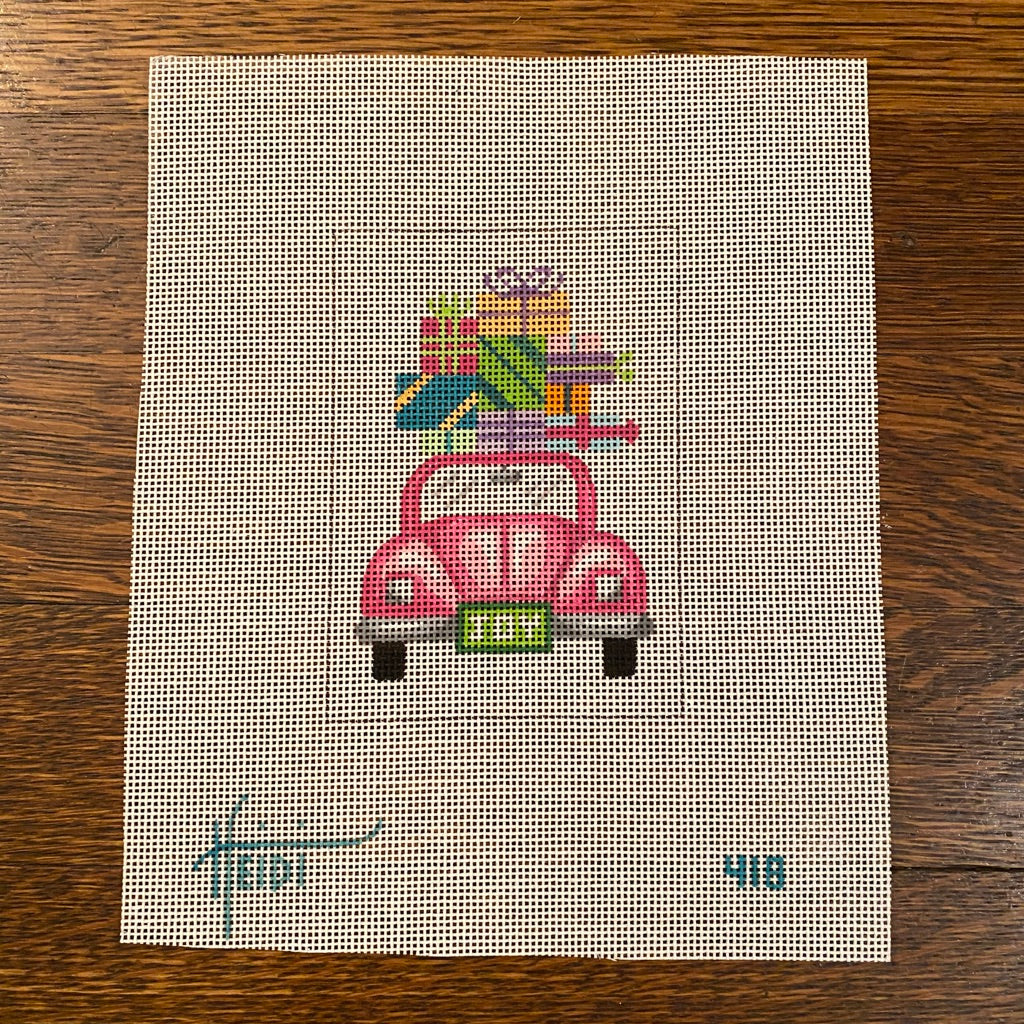 Pink Car with Presents Canvas - needlepoint