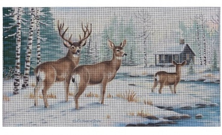 Pair of Deer at Cabin Canvas - needlepoint