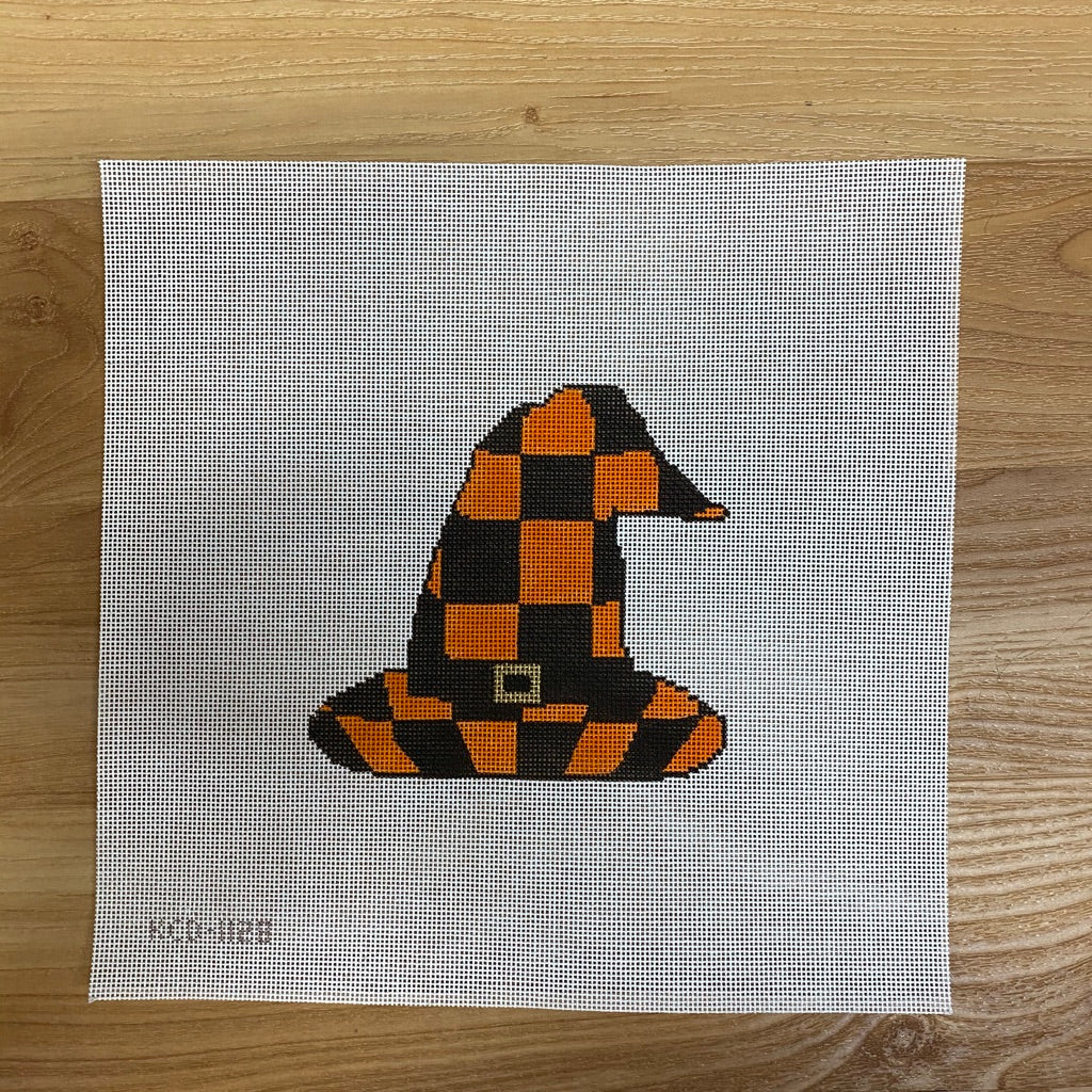 Orange and Black Check Witch's Hat Canvas - needlepoint