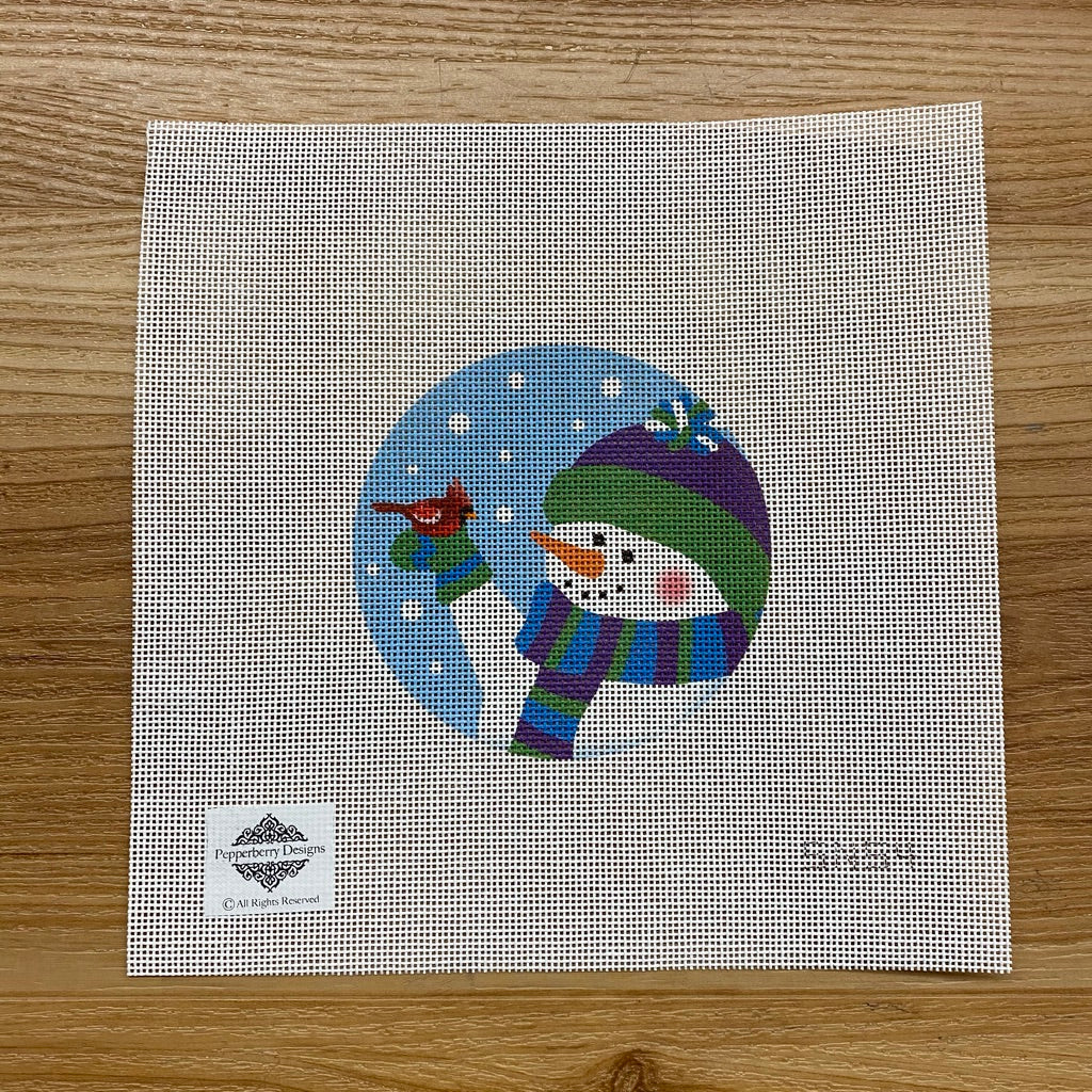Snowman with Cardinal Round Canvas - needlepoint