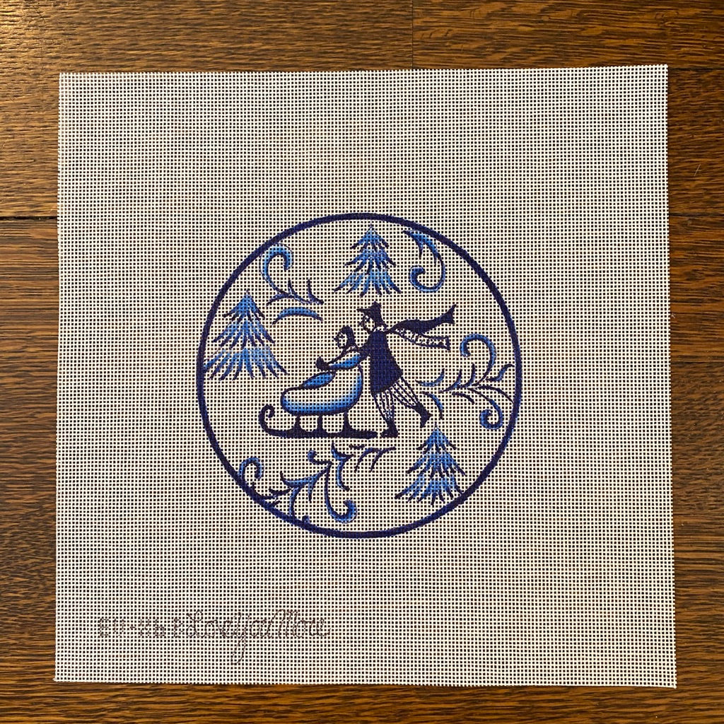 Toile Couple on Sled Blue Canvas - needlepoint