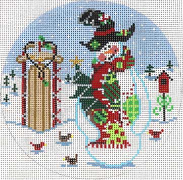 Patchwork Snowman Round Canvas - KC Needlepoint