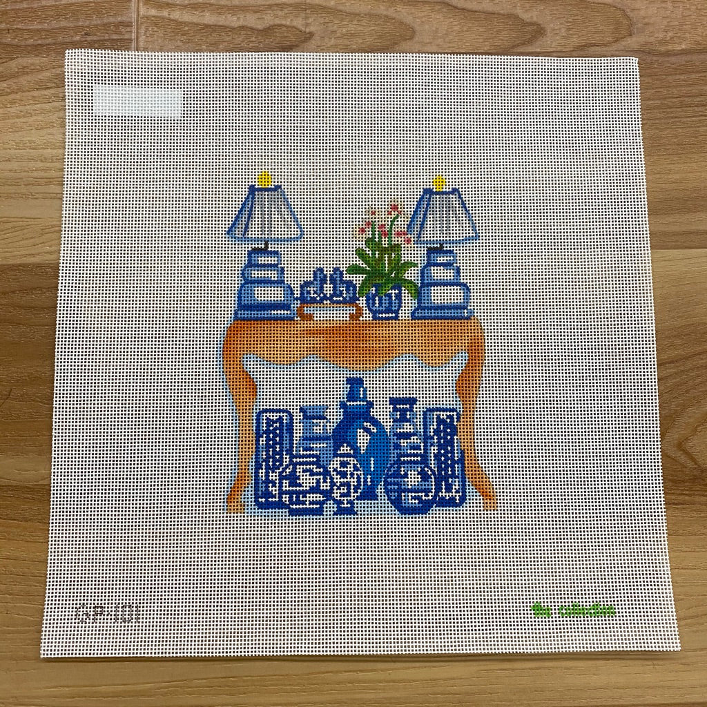 Blue and White on Side Table Canvas - needlepoint